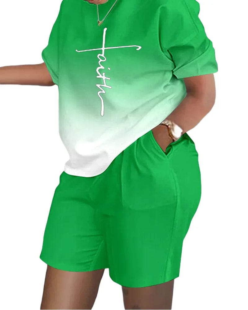 Casual Short Sleeve Tshirt Outfit Women 2023 Summer Gradient Print Pocket Short Sets Suit Female T Shirt Shorts Two Pieces Set - SHOWLU FASHION STORE