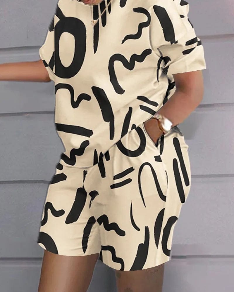 Casual Short Sleeve Tshirt Outfit Women 2023 Summer Gradient Print Pocket Short Sets Suit Female T Shirt Shorts Two Pieces Set - SHOWLU FASHION STORE