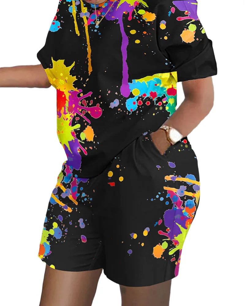 Casual Short Sleeve Tshirt Outfit Women 2023 Summer Gradient Print Pocket Short Sets Suit Female T Shirt Shorts Two Pieces Set - SHOWLU FASHION STORE
