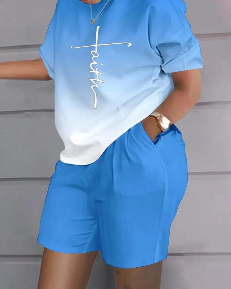 Casual Short Sleeve Tshirt Outfit Women 2023 Summer Gradient Print Pocket Short Sets Suit Female T Shirt Shorts Two Pieces Set - SHOWLU FASHION STORE