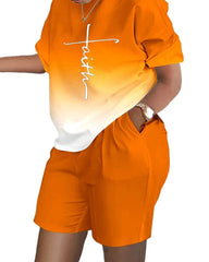 Casual Short Sleeve Tshirt Outfit Women 2023 Summer Gradient Print Pocket Short Sets Suit Female T Shirt Shorts Two Pieces Set - SHOWLU FASHION STORE