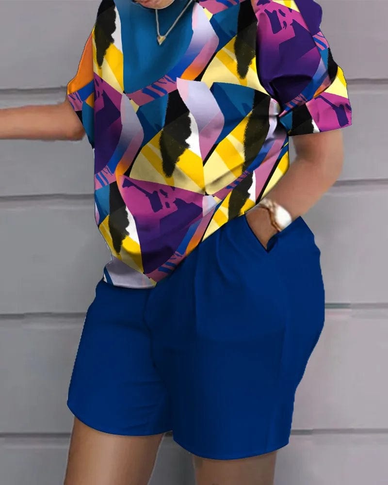 Casual Short Sleeve Tshirt Outfit Women 2023 Summer Gradient Print Pocket Short Sets Suit Female T Shirt Shorts Two Pieces Set - SHOWLU FASHION STORE
