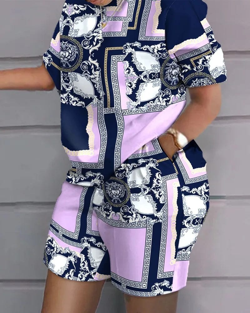 Casual Short Sleeve Tshirt Outfit Women 2023 Summer Gradient Print Pocket Short Sets Suit Female T Shirt Shorts Two Pieces Set - SHOWLU FASHION STORE