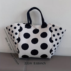 Bohemian Style Burgundy Tote Bag for Women, Casual Foldable Knit Handbag with Fixed Shoulder Straps, Magnetic Closure, Polyester, Polka Dot Pattern, Unlined, Travel Bag