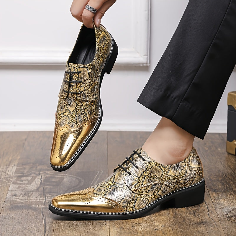 Men's Stylish Golden Brogue Loafers with Diamond Pattern - Pointed Toe Dress Shoes for Business & Casual Wear, Low-Top Lace-Up Design, All-Season Comfort, Allseason Shoes | Stylish Brogue Loafers | Polished Finish Shoes SHOWLU FASHION STORE