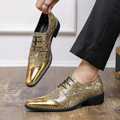 Men's Stylish Golden Brogue Loafers with Diamond Pattern - Pointed Toe Dress Shoes for Business & Casual Wear, Low-Top Lace-Up Design, All-Season Comfort, Allseason Shoes | Stylish Brogue Loafers | Polished Finish Shoes SHOWLU FASHION STORE