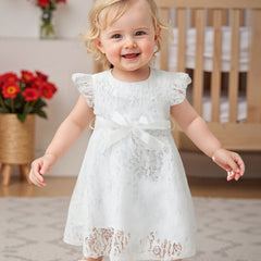 Girls Dress Lace Fly Sleeve Round Neck Casual Dress Fashion Summer Dress with Belt