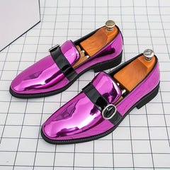 [Elegant Style] Men's Glossy Pointed-Toe Loafers - Fashionable Slip-On Dress Shoes with Metallic Buckle Detail, Versatile for Business or Casual Wear, Faux Upper, Rubber Sole SHOWLU FASHION STORE