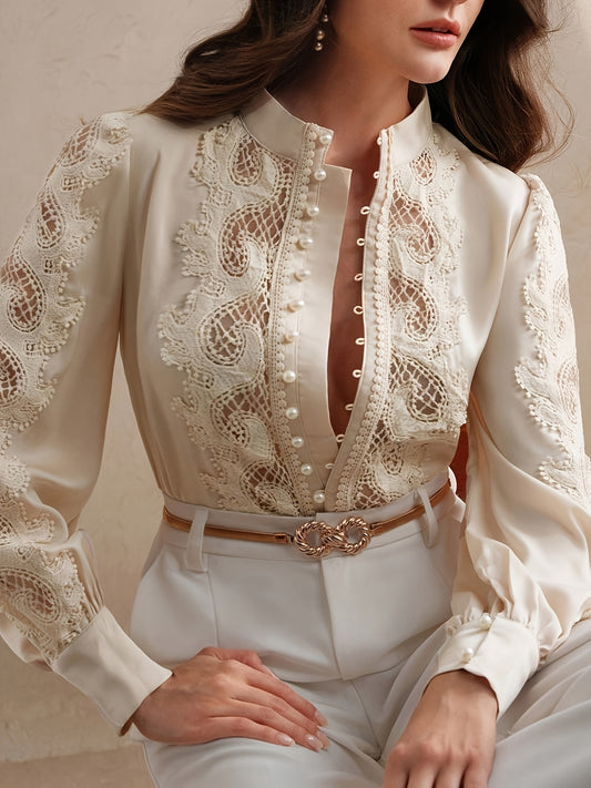 Women's Elegant Lace-Trimmed Semi-Sheer Long Sleeve Shirt - Stand Collar Button-Front Blouse with Puffed Shoulders, Machine Washable Lightweight Top for Spring Summer Fall, Versatile Casual to Formal Wear, Seasonal Wardrobe S