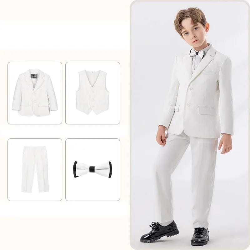 Children White Baptism Piano Party Dress Kids Jacket Vest Pants Bowtie 4PCS Ceremony Photograph Suit Boys Performance Costume - SHOWLU FASHION STORE