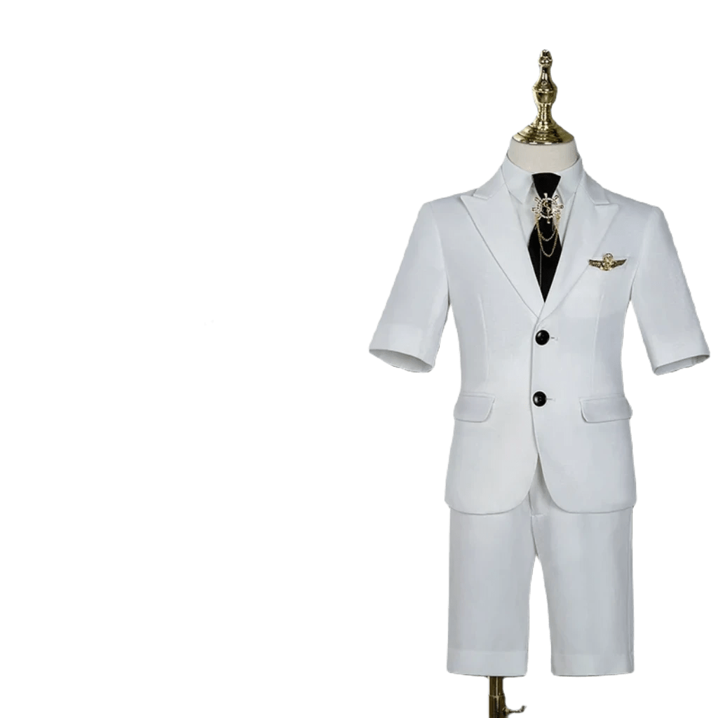 Children's Business Suit Summer Short - Sleeved Boy's Small Suit Birthday Flower Children's Dress Host Costume for Piano Performance White - SHOWLU FASHION STORE