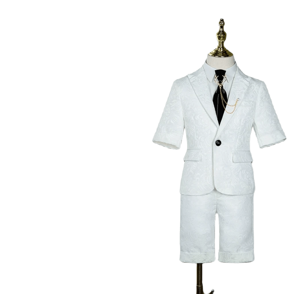Children's Business Suit Summer Short - Sleeved Boy's Small Suit Birthday Flower Children's Dress Host Costume for Piano Performance White - SHOWLU FASHION STORE