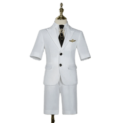 Children's Business Suit Summer Short - Sleeved Boy's Small Suit Birthday Flower Children's Dress Host Costume for Piano Performance White - SHOWLU FASHION STORE