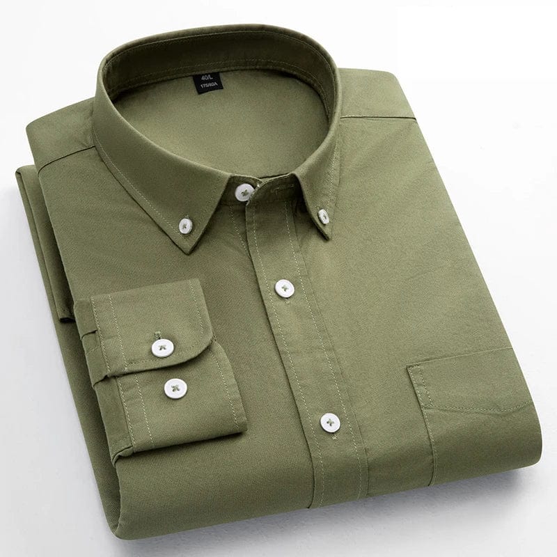 Classic fit fasion 100%Cotton long - sleeve shirt for men single pocket slim fit Casual top soft Oxford solid color office clothes - SHOWLU FASHION STORE