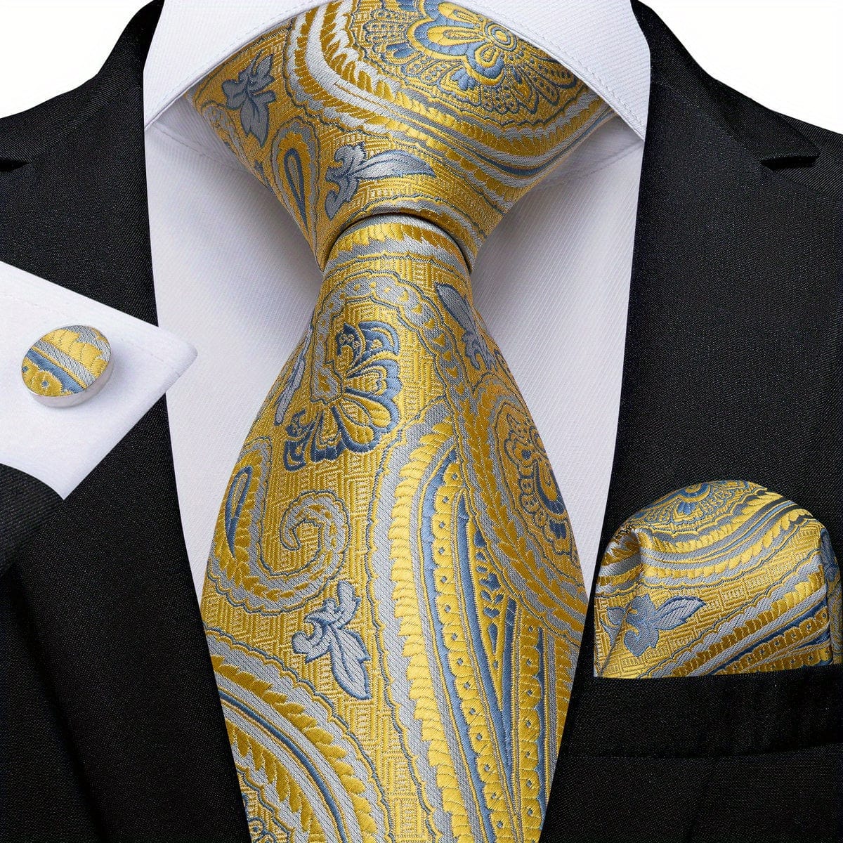 Classic Striped Tie Set For Men Blue Yellow Ties Trendy Woven Necktie Hanky Cufflinks Set Business Tie, Ideal choice for Gifts - SHOWLU FASHION STORE