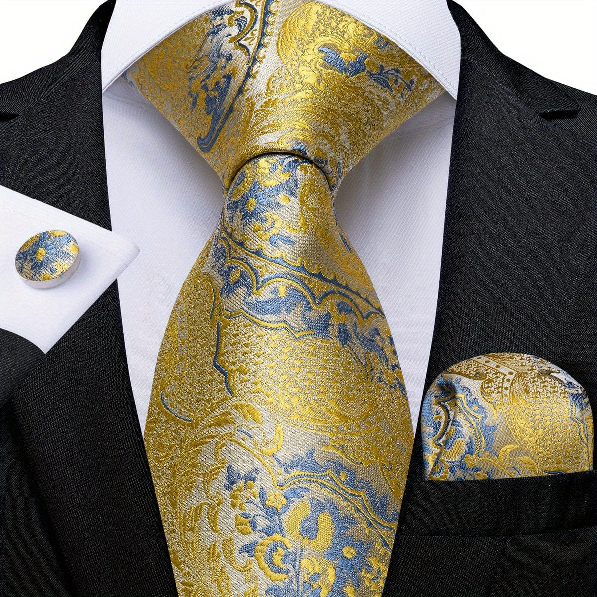 Classic Striped Tie Set For Men Blue Yellow Ties Trendy Woven Necktie Hanky Cufflinks Set Business Tie, Ideal choice for Gifts - SHOWLU FASHION STORE