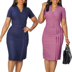 Classy Official Dresses for Ladies Elegant Bodycon Dress Short Sleeve Wrap V Neck Modest Fashion Belt Formal Church Dresses - SHOWLU FASHION STORE