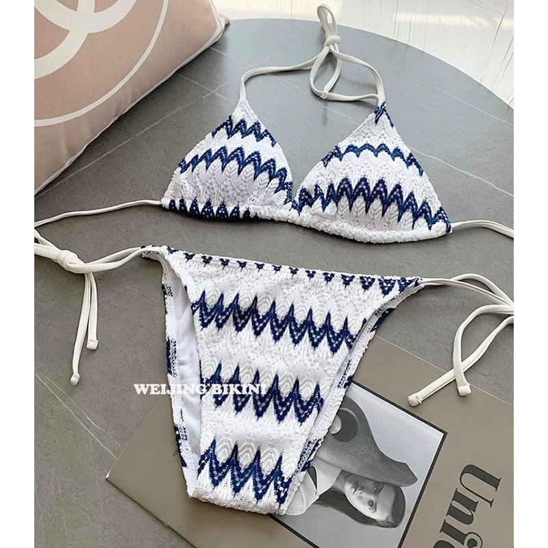 Classy Striped Bikini Lace Fabric Three - Piece Set Sexy Hot Spring Seaside Vacation Triangle Cup Sexy Swimsuit - SHOWLU FASHION STORE