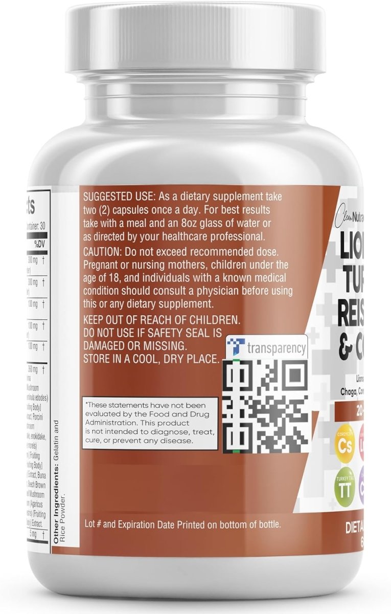 Clean Nutraceuticals Lions Mane 3000mg 20in1 Mushroom Supplement with Turkey Tail 2000mg Reishi 1000mg Cordyceps Chaga 1000mg Maitake Meshima Poria Cocos Shiitake Oyster Porcini Enoki 60 Count - SHOWLU FASHION STORE