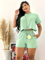 Crew neck Pullover Women Summer Short Sleeve Short Top Shorts Casual Two - piece Suit - SHOWLU FASHION STORE