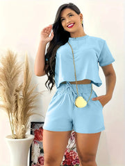 Crew neck Pullover Women Summer Short Sleeve Short Top Shorts Casual Two - piece Suit - SHOWLU FASHION STORE