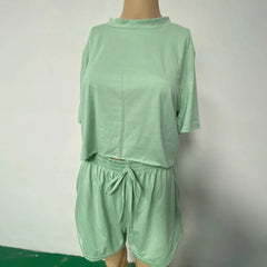 Crew neck Pullover Women Summer Short Sleeve Short Top Shorts Casual Two - piece Suit - SHOWLU FASHION STORE