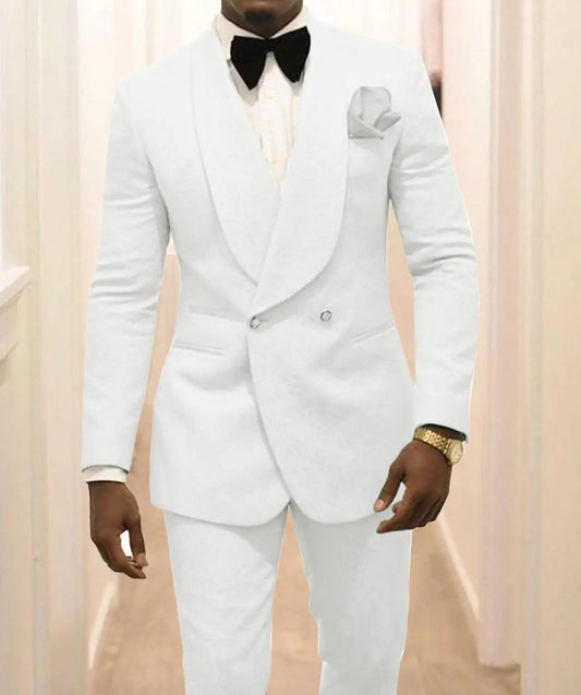 Custom Made Groomsmen White Pattern Groom Tuxedos Shawl Lapel Men Suits 2 Pieces Wedding Best Man ( Jacket+Pants+Tie ) C922 - SHOWLU FASHION STORE