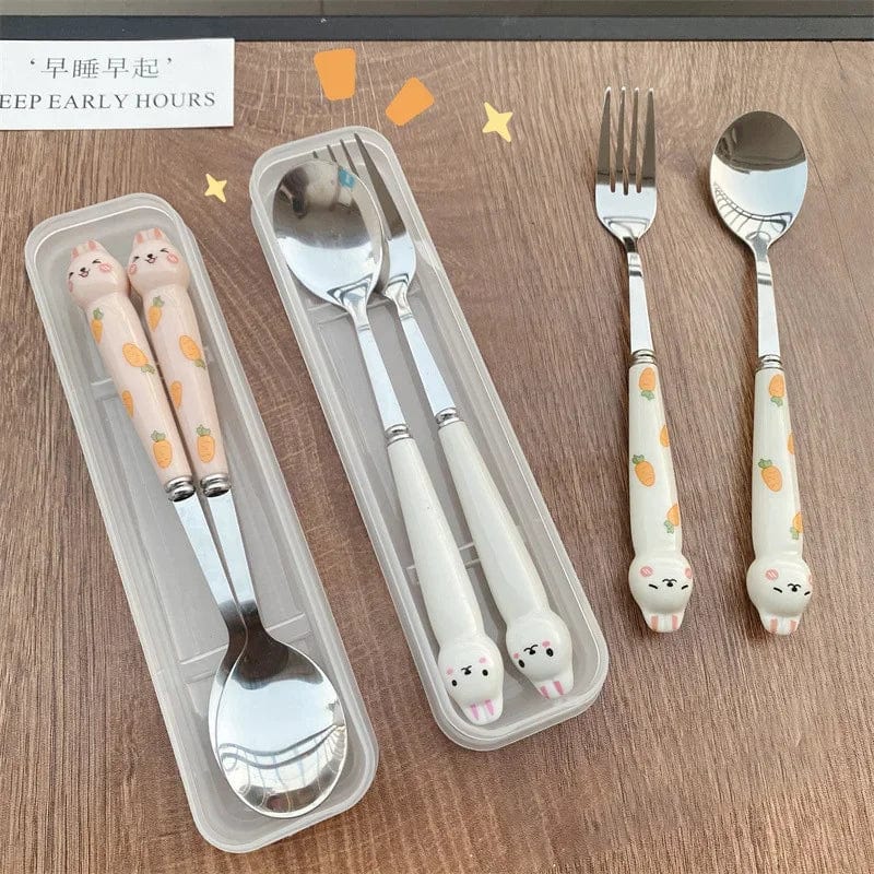 Cutlery Cartoon Rabbit Spoon Fork Chopsticks Sets Portable Lunch Tableware Stainless Steel Travel Dinnerware Kitchen Supplies - SHOWLU FASHION STORE