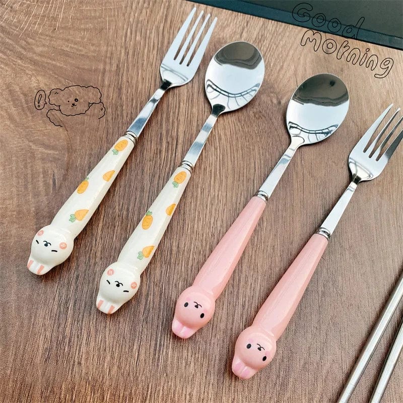 Cutlery Cartoon Rabbit Spoon Fork Chopsticks Sets Portable Lunch Tableware Stainless Steel Travel Dinnerware Kitchen Supplies - SHOWLU FASHION STORE
