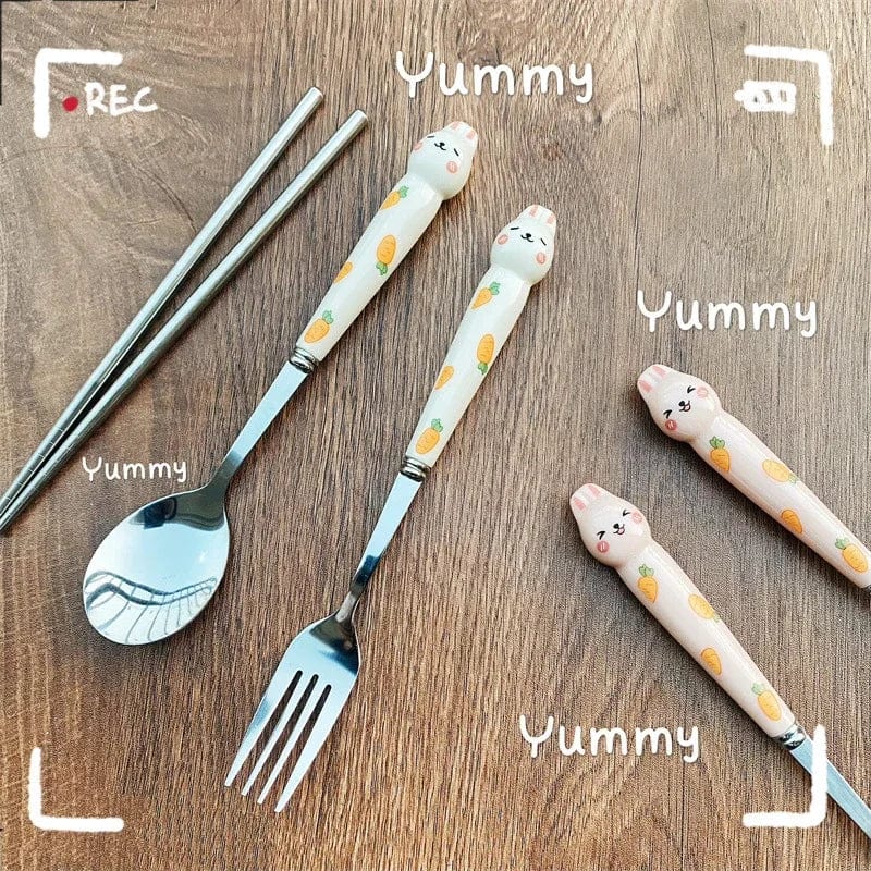Cutlery Cartoon Rabbit Spoon Fork Chopsticks Sets Portable Lunch Tableware Stainless Steel Travel Dinnerware Kitchen Supplies - SHOWLU FASHION STORE