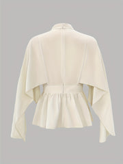 Women's Casual High Neck Blouse - Elegant Semi-Sheer Ruffled Sleeve Shirt, Solid Color Machine Washable Top for All-Season Versatile Wear