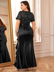 P54328A Elegant Women's Plus Size Lace Contrast Satin Sequin Bridesmaid Dress, Round Neck Short Sleeve, Empire Waist, Slim Fitting, Ruffled Mermaid Hem, Perfect for Formal Evenings, Weddings, Parties SHOWLU FASHION STORE