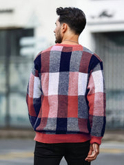Men'S Casual Plaid Sweater - Cozy Crew Neck Pullover with Brown, Beige, Black & White Checkered Pattern, Loose Fit, Warm for Fall & Winter, Everyday Comfort, Sweater Vest