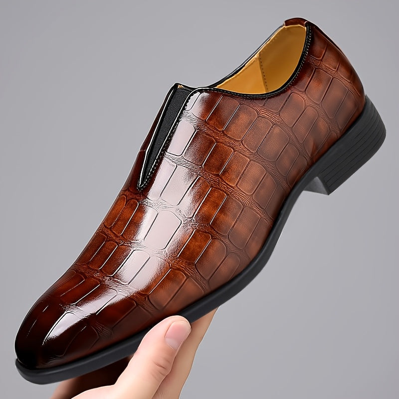 Men's Elegant Gradient Slip-On Loafers - Crocodile Texture, Low-Top Design with Rubber Sole for Comfort | Versatile Business & Casual Style | Brown, Square Toe, Glossy Finish, Side Zipper Detail, Business Casual Footwear | Gl SHOWLU FASHION STORE