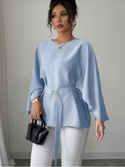 Elegant Light Blue Long Sleeve Blouse with Belted Waist - Chic Crew Neck, Flowy Design, Perfect for Casual or Formal Occasions, Casual Wear Blouse | Belted Waist Top | Structured Shoulders