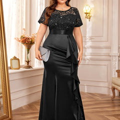 P54328A Elegant Women's Plus Size Lace Contrast Satin Sequin Bridesmaid Dress, Round Neck Short Sleeve, Empire Waist, Slim Fitting, Ruffled Mermaid Hem, Perfect for Formal Evenings, Weddings, Parties SHOWLU FASHION STORE