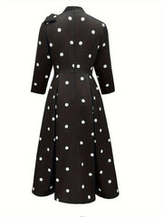 Elegant Fit and Flare Polka Dot Dress with High Neck and Three Quarter Length Sleeves - 100% Polyester A-Line Dress with Back Zipper Detail for All Seasons