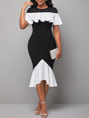 [Elegant Bodycon Dress] Stretchy Elegant Women's Bodycon Fishtail Dress | Contrast Trim Ruched Waist, Round Neck, Solid Color, Machine Washable, Tight Fitted, Versatile Outfit, Chic Style, Sleek Material