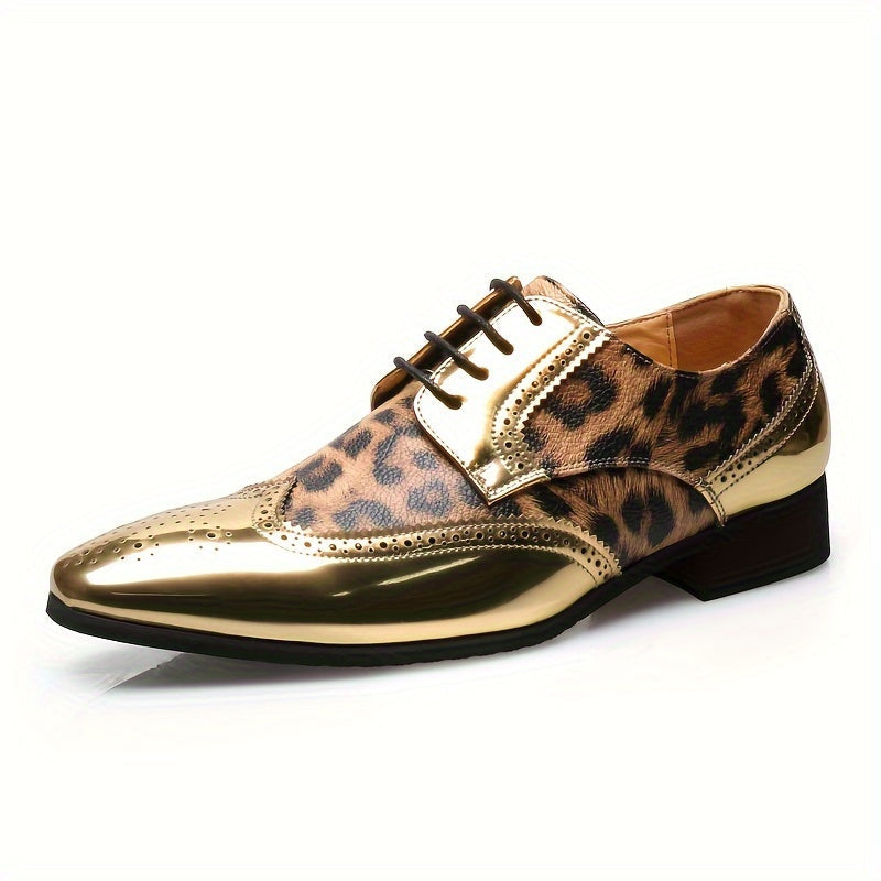 [Leopard Print Oxfords] Stylish Men's Leopard Print Oxfords - Golden Accents Dress Shoes with Brogue Detailing for Weddings, Parties & Business Casual Events SHOWLU FASHION STORE
