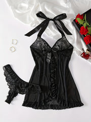 Alluring Halter Lace Lingerie Set for Women - Seductive Deep V Slip Dress with Adjustable Tie Neck, Split Ruffles & Bow Decor, Includes Matching Thong - A Feminine Boudoir Essential & Perfect Gift SHOWLU FASHION STORE