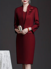 Wine Red Two-piece Dress Set Elegant Slim, Long Sleeve Coat Embroidered Top And Sleeveless Sundress Women SHOWLU FASHION STORE