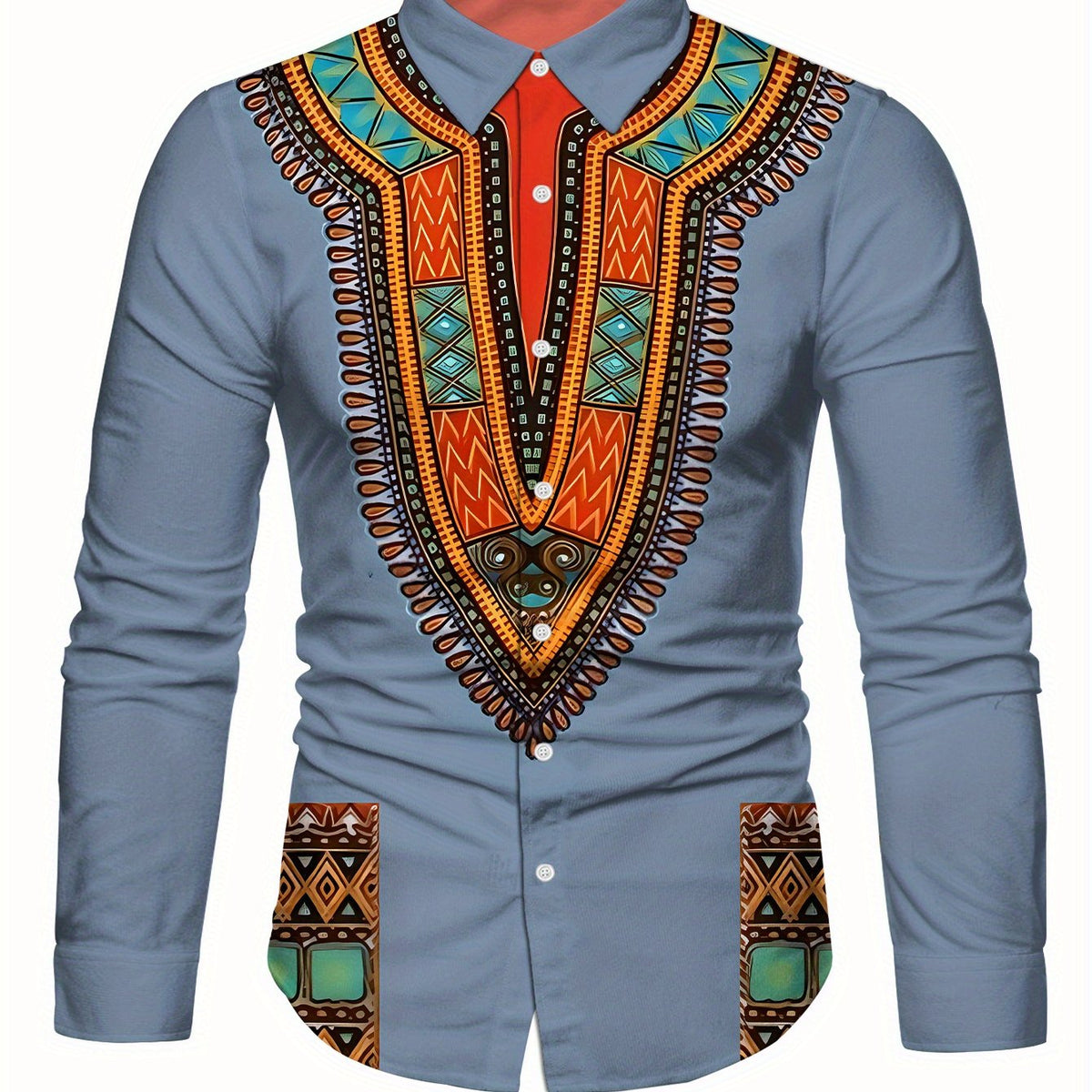 Men'S Elegant Mandala Print Long Sleeve Dress Shirt - Light Blue, Button-Up with Lapel Collar, Regular Fit for Formal or Casual Occasions, Nonstretch Fabric
