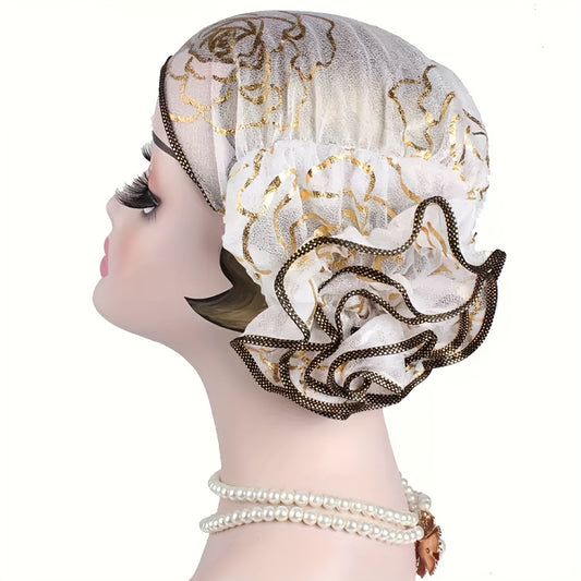 4pcs Elegant Floral Lace Turban Hats for Women - Stretchy Lightweight Breathable Polyester Hijab Scarf with Ruffled Edges, 4 Colors (White/Blue/Red/Golden) for Ramadan, Chemo, Everyday Glamour, Stylish Headwear, Sophisticated