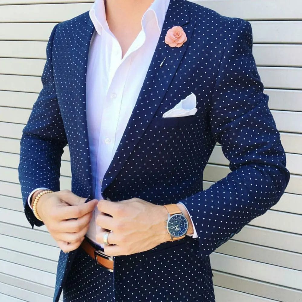 Dark Blue Dot Men's Suit Peaked Lapel Blazers Wedding Male Tuxedos One Button Slim Fit Groom Wear 2 Pieces Prom Jacket And Pants - SHOWLU FASHION STORE