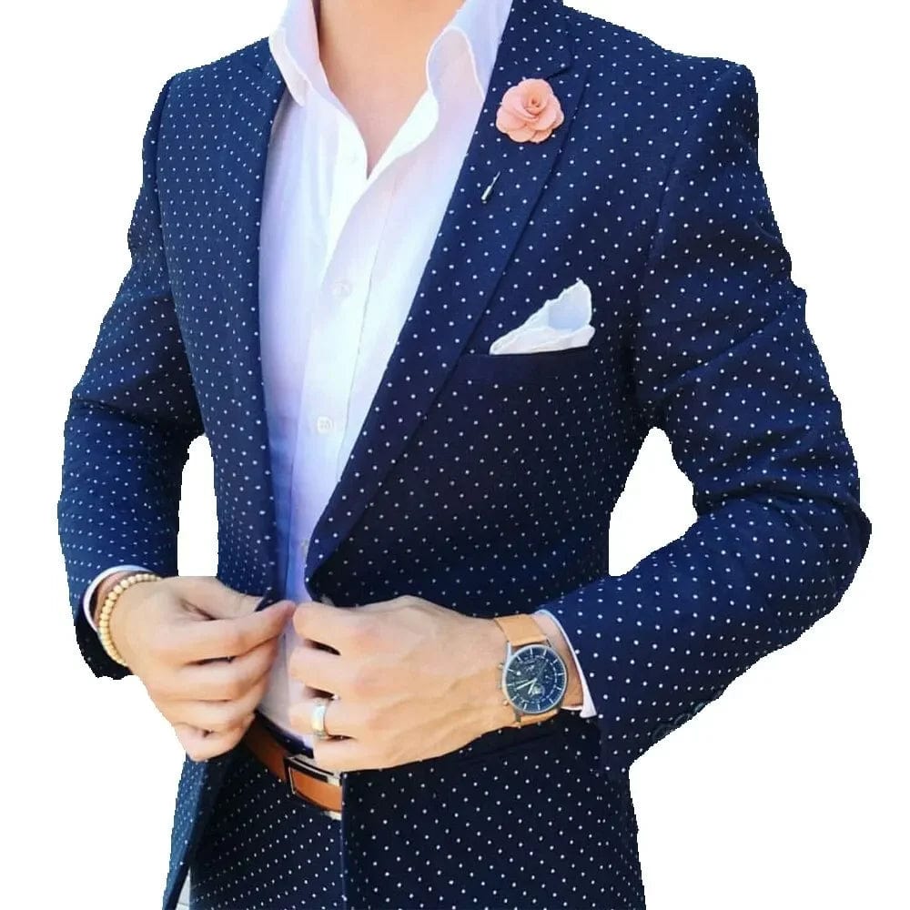 Dark Blue Dot Men's Suit Peaked Lapel Blazers Wedding Male Tuxedos One Button Slim Fit Groom Wear 2 Pieces Prom Jacket And Pants - SHOWLU FASHION STORE