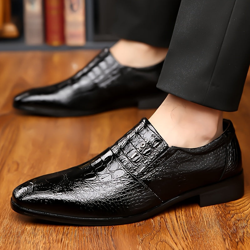 Men's Sleek Pointed-Toe Loafers - Black Crocodile Texture Slip-On Shoes for Business Casual, Party & Casual Attire SHOWLU FASHION STORE