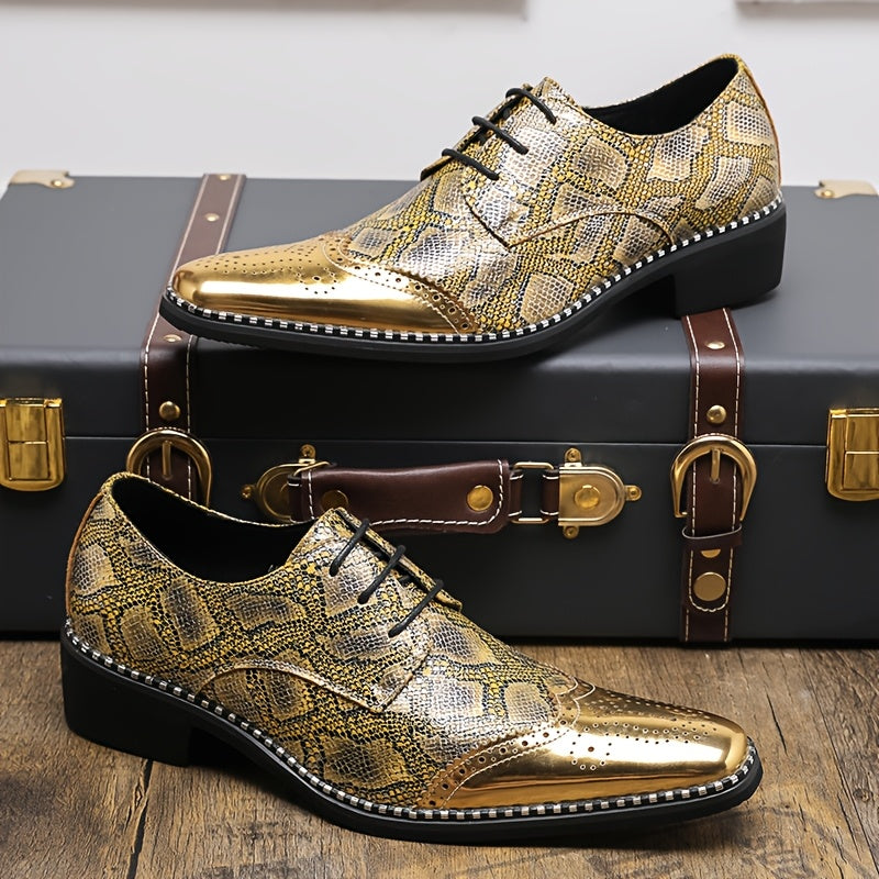 Men's Stylish Golden Brogue Loafers with Diamond Pattern - Pointed Toe Dress Shoes for Business & Casual Wear, Low-Top Lace-Up Design, All-Season Comfort, Allseason Shoes | Stylish Brogue Loafers | Polished Finish Shoes SHOWLU FASHION STORE
