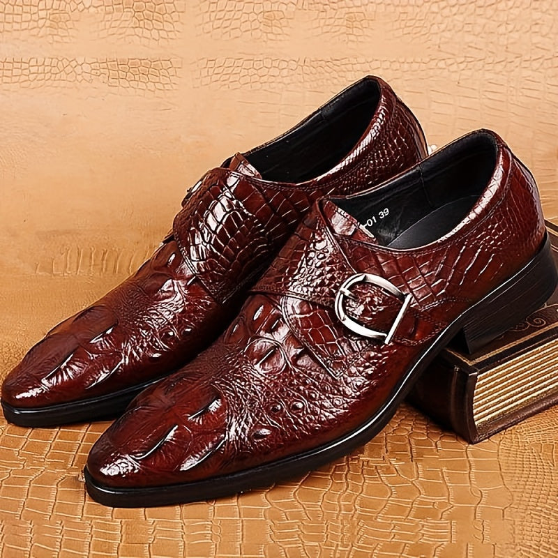 Men's Crocodile Print Pointed Toe Slip-On Loafers - Elegant Red Dress Shoes with Glossy Finish & Metal Buckle, Breathable for Business, Office, Weddings, and Formal Events SHOWLU FASHION STORE
