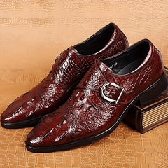 Men's Crocodile Print Pointed Toe Slip-On Loafers - Elegant Red Dress Shoes with Glossy Finish & Metal Buckle, Breathable for Business, Office, Weddings, and Formal Events SHOWLU FASHION STORE