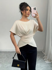 Women'S Elegant Off-Shoulder Blouse with Asymmetrical Hem and Cross Wrap Detail - Short Sleeve, Solid Color, Polyester, Perfect for Adult, All-Season Wear, Casual Attire|Asymmetrical Hem Top|Polyester Fabric